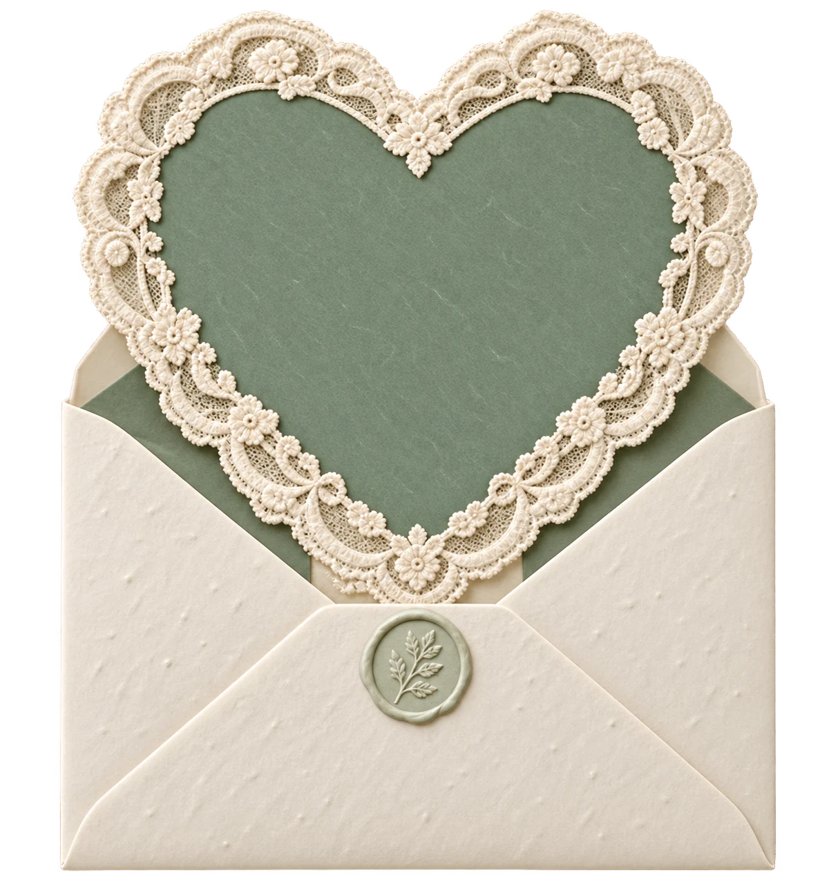 Ivory envelope with a sage green heart and ivory lace