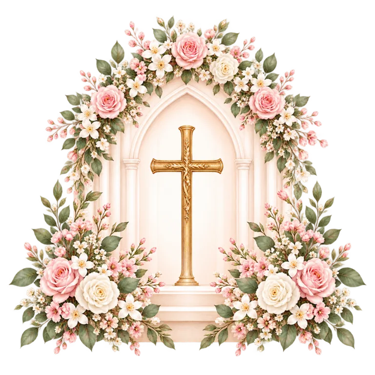 Floral chapel arch with a gold cross