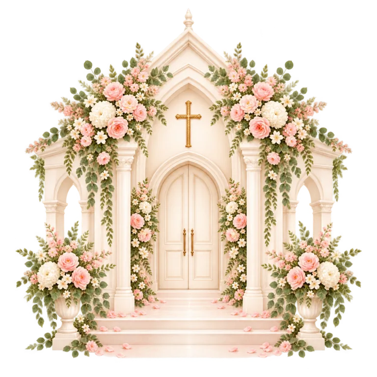 Floral illustration of an ivory chapel entrance